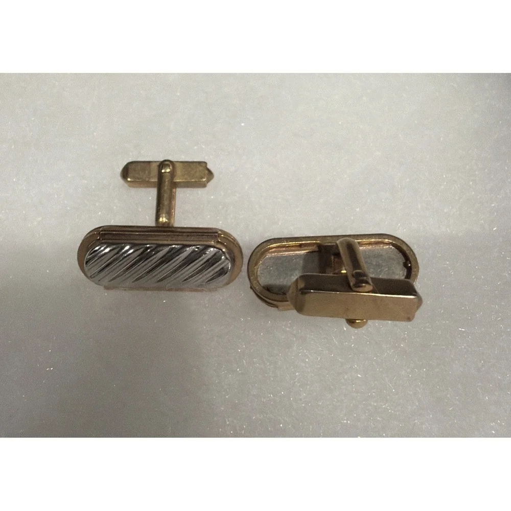 Vintage Swank Silver Gold Tone Cufflinks Oblong Diagonal Stripe Classic 1960s